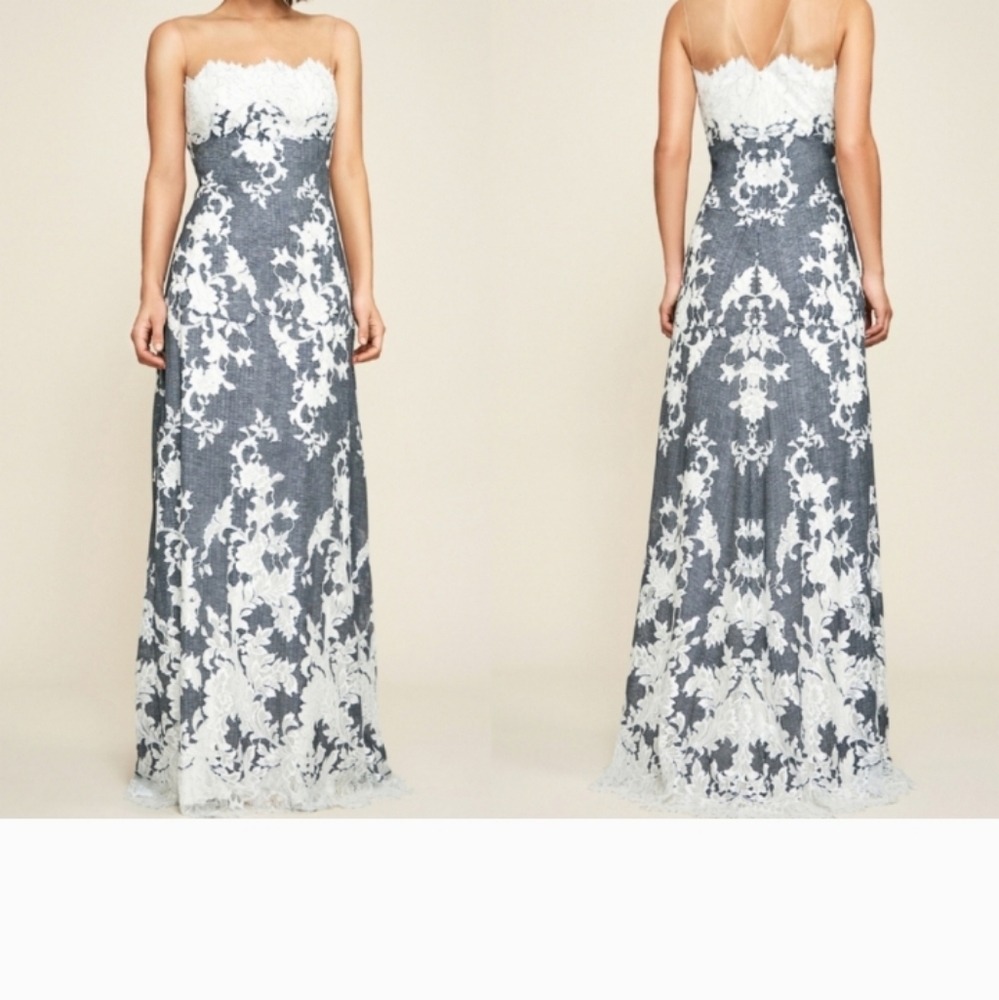 Tadashi Shoji Off The Shoulder Contrast Lace Gown in Navy Size 14